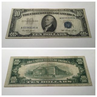 Vintage Ten Dollar 1953 $10 Silver Certificate Hamilton Blue Fr 1706 Dollars