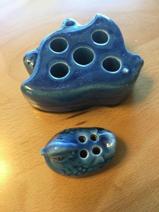 2 Vintage Ceramic Flower Frogs Cobalt Blue