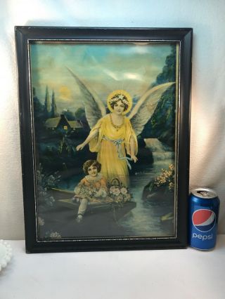 Vtg 1920’s? Lithograph Print Guardian Angel Watching Over Girl Child Religious