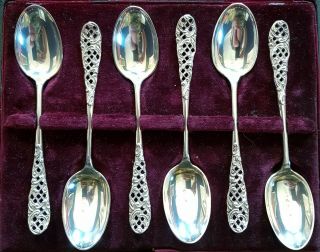 Solid Silver Teaspoons.  Filigree End.  Set Of 6.  1900.  Henry Mathews.  Birmingham