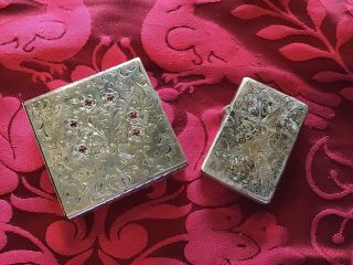 Antique Finely Chased Jeweled 800 Italian/german Silver Mirrored Compact Lighter