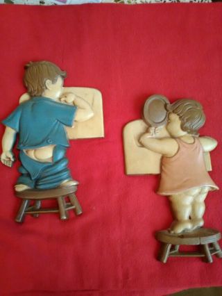 Vintage Set Of 2 Sexton Boy And Girl In The Bathroom Cast Iron Wall Plaques 1966