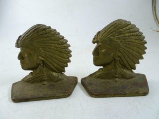 Antique Cast Iron Native American Indian Chief Bust Head Bookend Set Vintage Old