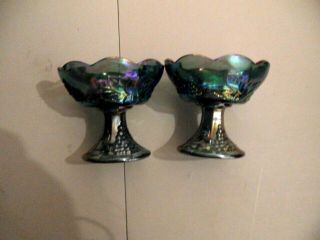 2 Vintage Indiana Glass Blue Harvest Grape & Leaf Carnival Glass Candle Holders