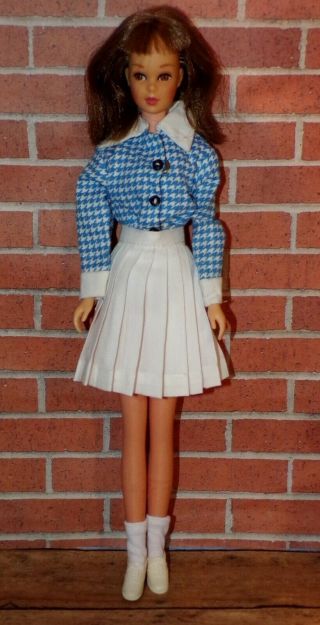 Vtg Barbie Francie Clone School Girl Blue White Blouse Pleated Skirt Sock Shoes