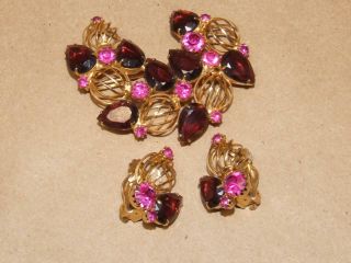 Vtg 60s Goldtone Caged Ball Pink & Purple Open Backed Glass Brooch Earrings Set