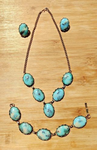 Turquoise Jewelry Set Necklace Bracelet & Clip Earrings Vintage Light Blue Color