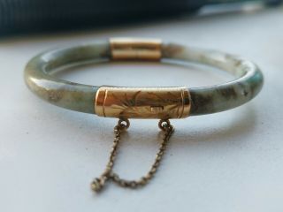 Vintage Antique 14k Solid Gold Mottled Jade Etched Chinese Bangle Bracelet