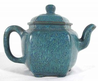 Yixing Zisha Stoneware Tea Pot Robins Egg Blue Flambe Hexagonal Scholar Ware Yqz