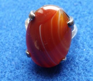 Vintage Sterling Silver & Agate Ring With Full Hallmarks - Uk Size N