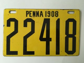 1908 Pennsylvania Porcelain License Plate Vg Plus/excellent