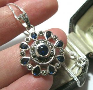 Vintage Style Art Deco Sterling Silver Marcasite Sapphire Crystal Drop Necklace