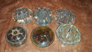 6 Vintage Glass Flower Frog Arrangement Holders.  4 Clear 1 Amber 1 Iridescent