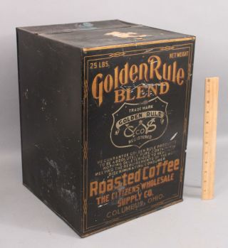 Large Antique Golden Rule Blend Roasted Coffee Tin Advertising Store Bin