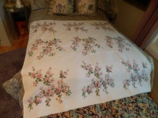 54 X 50 Cotton Tablecloth Pink Cherry Blossoms Design Vtg 1940s 50s Estate