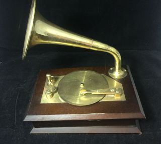 Vintage Wind Up Brass & Wood Phonograph Jewlery & Music Box