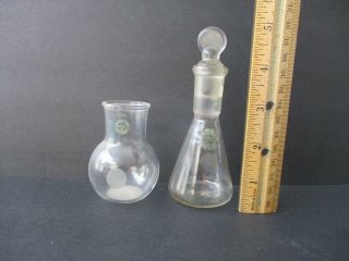 Vintage Lab Chemistry 2 Glass Pyrex 50ml One W/ Stopper Science Antique