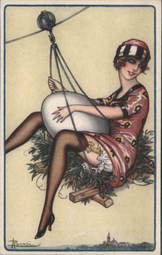 Adolfo Busi Woman In Swinging Nest Holding Egg Postcard Vintage Post Card