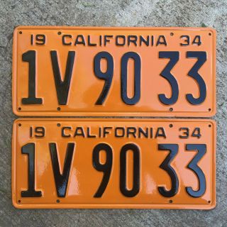 1934 California License Plate Pair 1v 90 33 Yom Dmv Clear Ford Chevy Packard