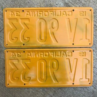 1934 California license plate pair 1V 90 33 YOM DMV clear Ford Chevy Packard 3