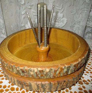 Vintage Wooden Tree Bark Nut Bowl W/cracker & Two Picks