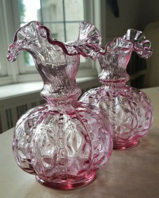 Set Of 2 Vintage Fenton Cranberry Pink Ruffled Vase Diamond Optic Beaded Melon