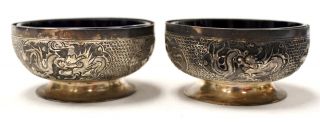 2x Vintage Silver Plated Dishes/bowls W/ Embossed Chinese Dragon Pattern - E26
