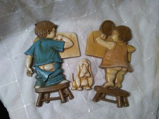Vintage Set Sexton Boy And Girl W/dog The Bathroom Cast Iron Wall Plaques 1966
