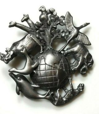 Vintage Pewter Brooch,  Ajc Signed Animals Around The World,  Life On Earth
