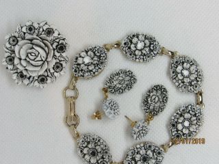 Vintage Style Carved Celluloid Plastic Flower Pin Brooch Earring Bracelet Set