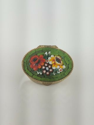 Vintage Italian Micro Mosaic Pill Trinket Box Rose Floral Design Italy Silver