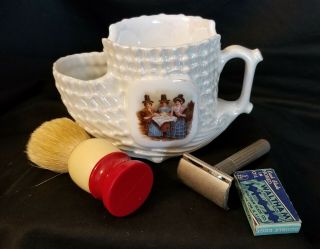 Vintage Shaving Mug/scuttle " Welsh Tea Party " Scene With Brush,  Gillete Razor