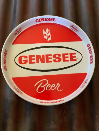 Vintage Genesee Beer Tray 12 " Round Metal Tin Red & White Color.  8 Drink Tray