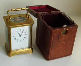 R & Co,  Paris - C19th French Brass/glass Enamel Dial Travel Carriage Clock & Case