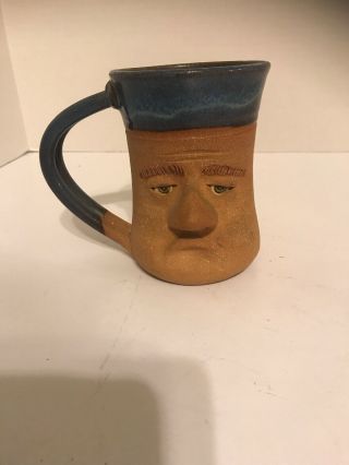 Vintage Ugly Face Cup Stoneware Pottery Handmade Folk Art Coffee Cup 3d Signed