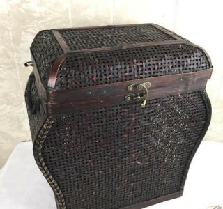 Vintage Asian Inspired Dark Wicker Basket W Hinged Lid & Brass Hardware
