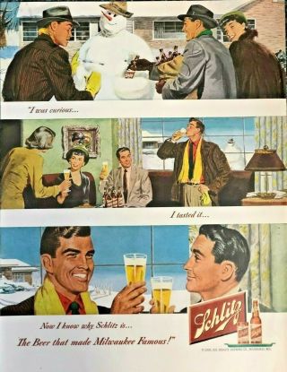 1950 Schlitz Beer Vintage Print Ad Snowman The Beer That Made Milwaukee Famous