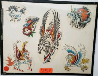 Vintage 80s Unknown Production Tattoo Flash Unicorn Freaky Fantasy Colors:monk