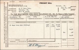 B&o Rr Freight Bill,  Way - Billed Blossburg Pa,  W&k Mfg Co. ,  Erie Mt.  Jewett Route