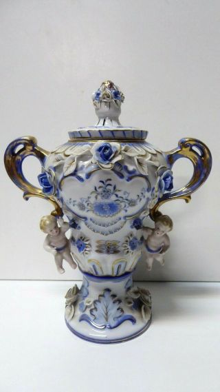 Vintage Italian Pottery Porcelain Blue White Gilt Cherubs Roses Lidded Urn Pot