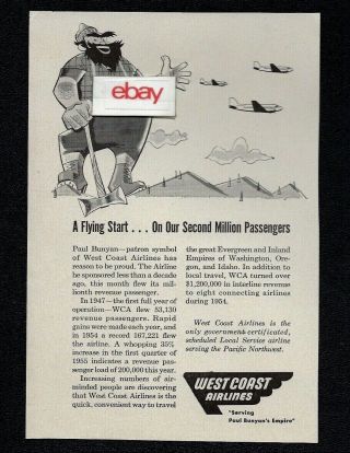 West Coast Airlines Paul Bunyan 1948 On 2nd Million Passengers Dc - 3 Ad