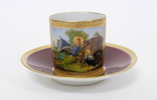 Antique 19thc Porcelain Cabinet Cup & Saucer With 2 Fighting Roosters