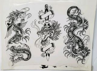 Vintage Unknown Shop Production Tattoo Flash Dragon Asian Dagger,  Lam