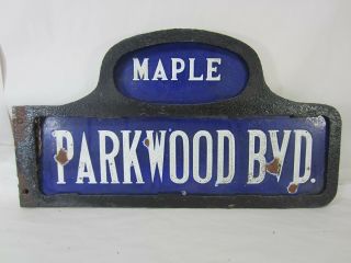Vintage Enameled Double Sided Street Sign In Cast Iron Bracket - Parkwood Bvd.