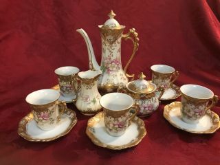 Unmarked Rs Prussia Demitasse Coffee Chocolate Tea Set Gold Pink 13 Piece