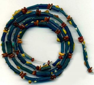 Roman Ancient Blue Glass Beads Encrusted Tubes Baltic Amber Centuries Old 30 "