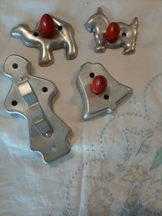 5 Vintage Aluminum Metal Red Wood Handle Cookie Cutters Round Bell Diamond