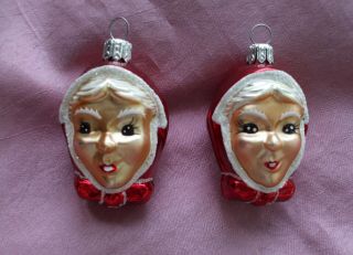 Vintage Christmas Tree Ornaments Glass Figural Mrs.  Santa Claus Heads Lady Pair