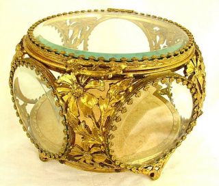 Italian Jewel Box Gilded W Beveled Round Glass Antique C.  1940 