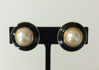 Vintage Monet Gold Tone Black Enamel Faux Pearl Button Style Pierced Earrings